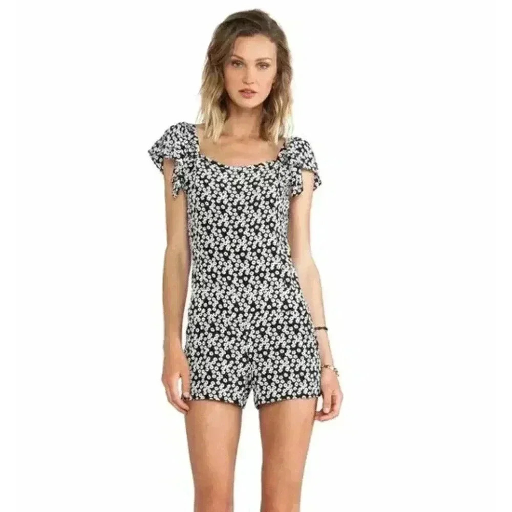 Pam & Gela Flutter Sleeve Romper in Black Ditzy Poppy Print - size 2